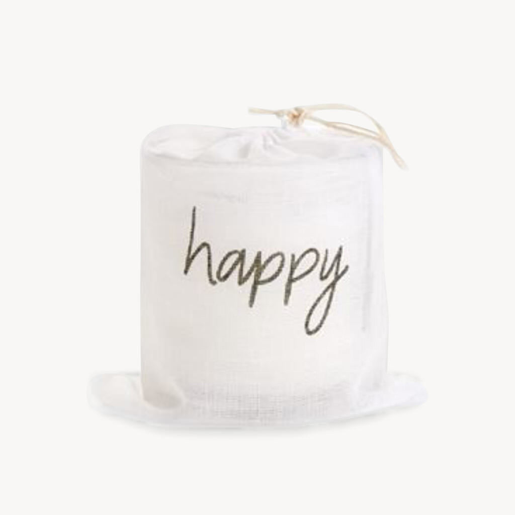 Printed sentiment glass candle features a French Ivory scented wax and arrives in printed cotton drawstring gift bag.